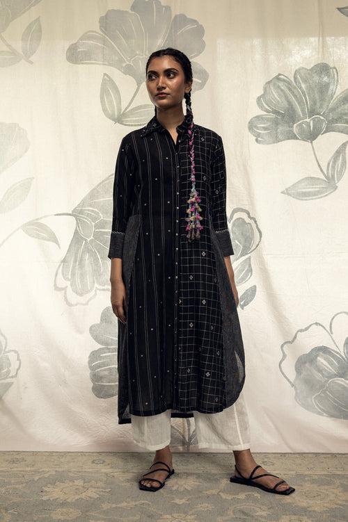 Black hand woven khadi cotton jamdani Regina long shirt.