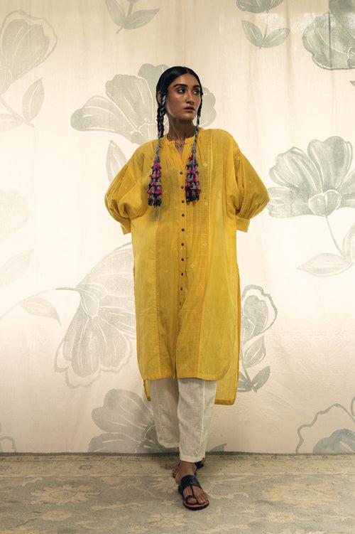 Yellow hand woven khadi cotton jamdani long Sierra antifit kimono shirt .