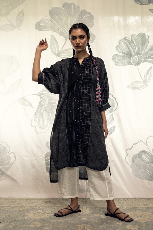 Black hand woven khadi cotton jamdani long Adeline antifit kimono shirt.