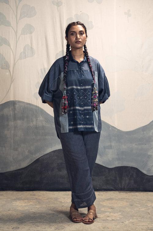 Natural indigo hand woven khadi cotton jamdani Alba antifit kimono shirt cord set.