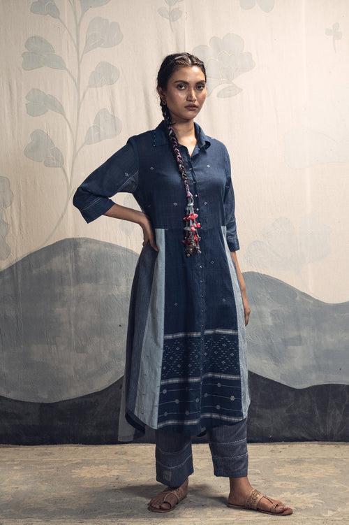 Natural dyed indigo hand woven khadi cotton jamdani Eva long shirt cord set.
