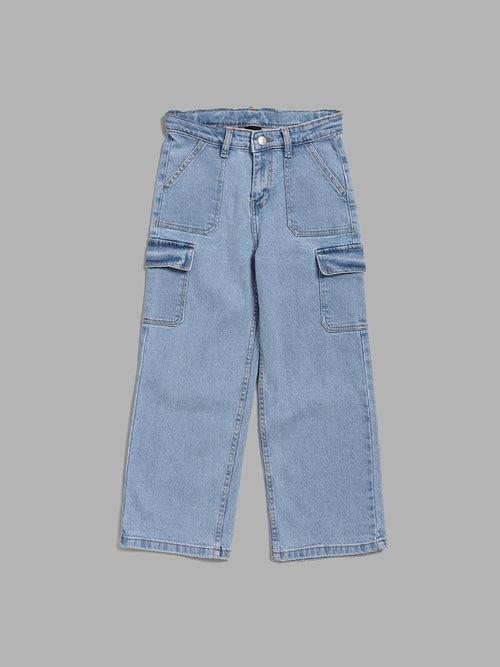 Y&F Kids Blue High Rise Cargo Jeans