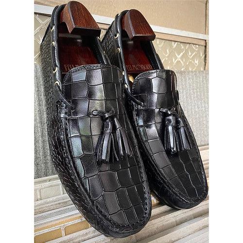Black Croco Glossed Tassel Driving Loafers