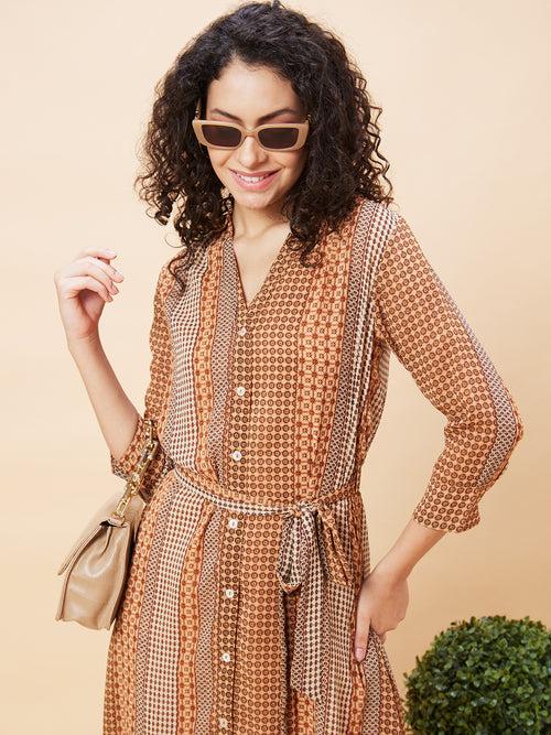 Globus Women Brown Geometric Print Shirt Collar Casual Belted Fit And Flare Dress