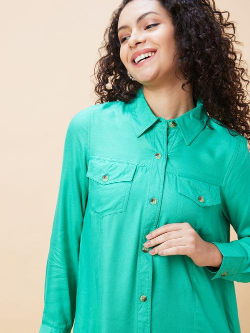 Globus Women Green Solid Casual Shirt Dress