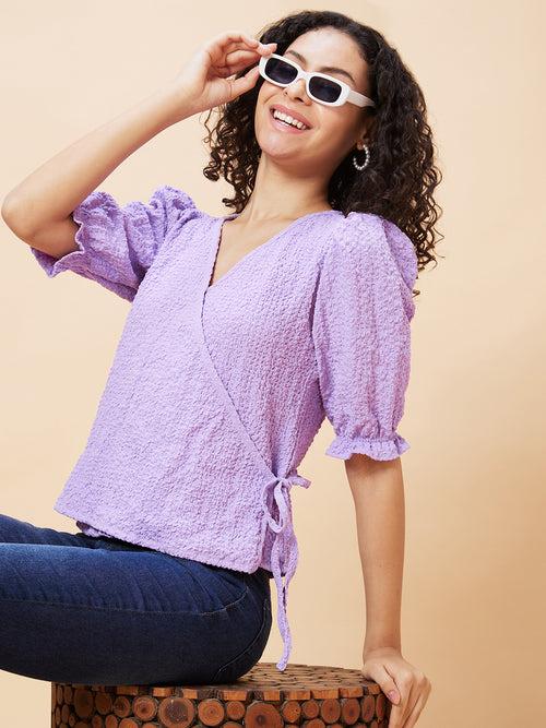 Globus Women Lavender Solid Textured Wrap V-Neck Casual Top with Tie-Up