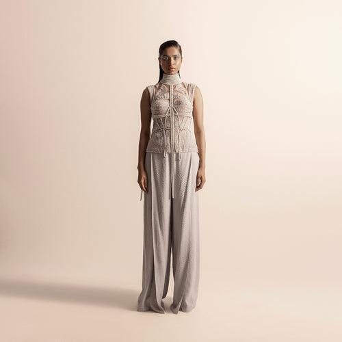 FLUTED PEARL EMBELLISHED HIGH COLLAR TOP AND CHIFFON QUILTED TROUSERS