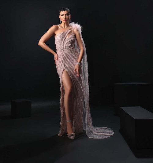 Luxurious One Shoulder Pink Slit Gown with Embroidered Drape