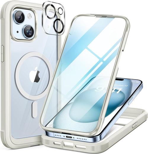 iPhone 15 - White : Cases Villa 360° Protection Case 9H Tempered Glass Cover with MagSafe