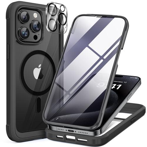 iPhone 15 Pro Max - Black : Cases Villa 360° Protection Case 9H Tempered Glass Cover with MagSafe