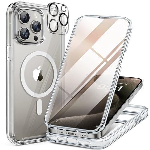 iPhone 15 Pro - Clear : Cases Villa 360° Protection Case 9H Tempered Glass Cover with MagSafe