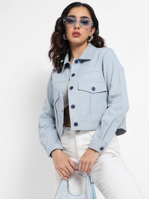 Light Blue Front-Button Jacket With Flap Pockets