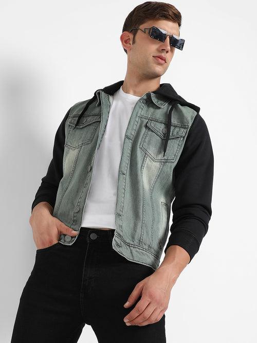 Men's Grey & Black Light-Wash Denim Jacket With Sweatshirt Sleeve