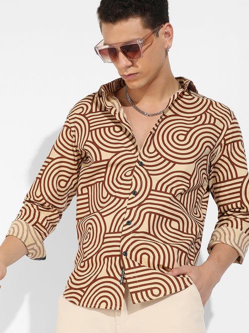 Beige & Brown Contrast Lines Shirt