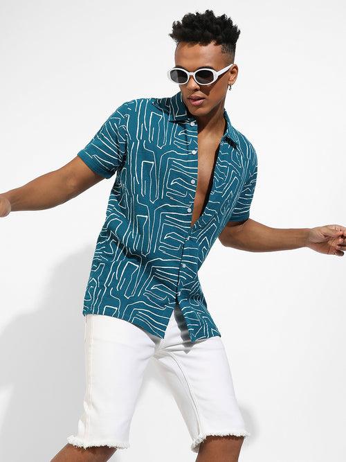 Men's Teal Blue Abstract Lines Print Shirt