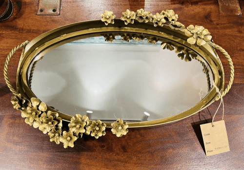 Tray With Mirror Base And Gold Metal Decorative Flowers