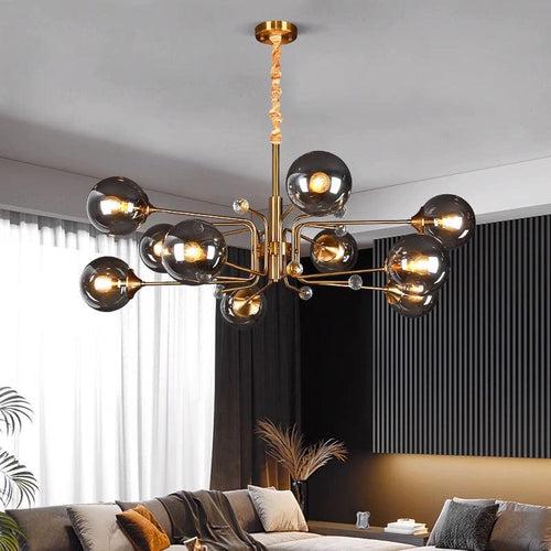 10 Light Electroplated Metal Gold Smokey Glass Chandelier Ceiling Light - Warm White