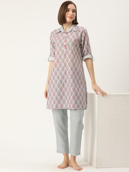Floral Grey Motifs Printed Kurta & Pyjamas