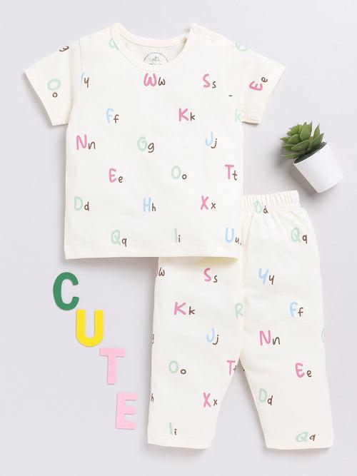 Cream Alphabet Print Half Sleeve Night Suit