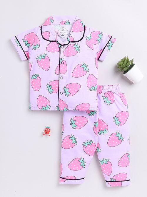 Purple Strawberry Print Half Sleeve Night Suit