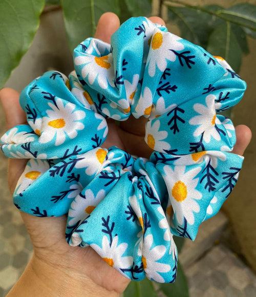 Blue Color Small Flower Printed Premium Quality Satin Scrunchie