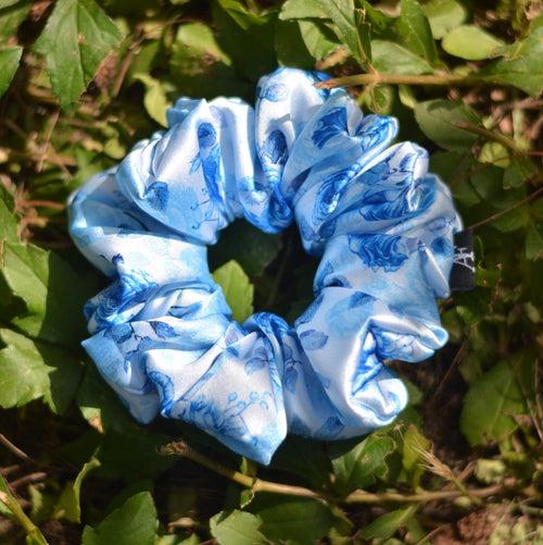 Blue Flower Print Premium Quality Satin Scrunchie