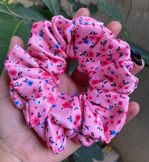 Pink Color Small Flower Printed Premium Quality Satin Scrunchie