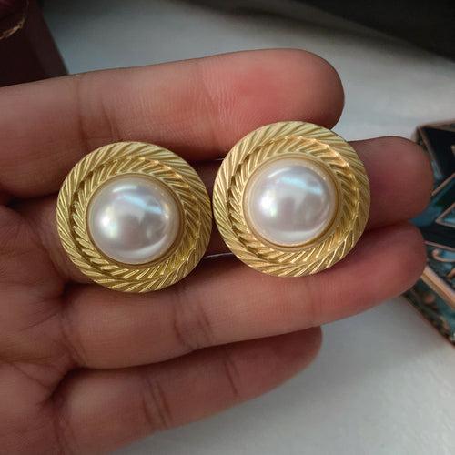 Round Gold Plated Pearl Big Statement Stud Earring For Women and Girls