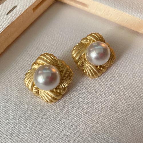 Square Gold Plated Pearl Big Statement Stud Earring For Women