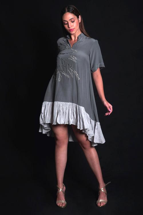 SEESA - Titanium Dress With Printed Ruffles