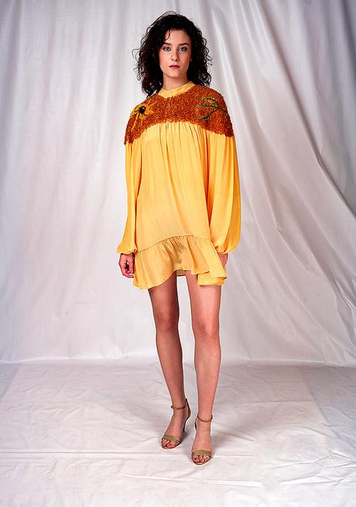 SEESA-Yellow summer dress with floral hand-embroidery