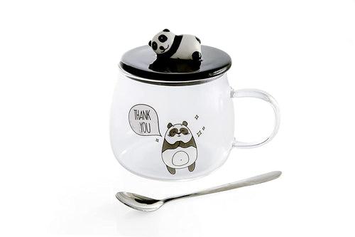 Glass Coffee Mug With 3D Panda Ceramic Lid & Spoon Best For Gifts Lightweight Cup