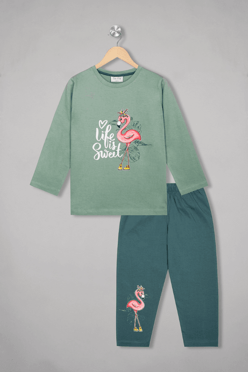 Green Flamingo Fabulousness Full Sleeves Pyjama Set / Nightsuit / Nightwear / Sleepwear / Loungewear For Girls