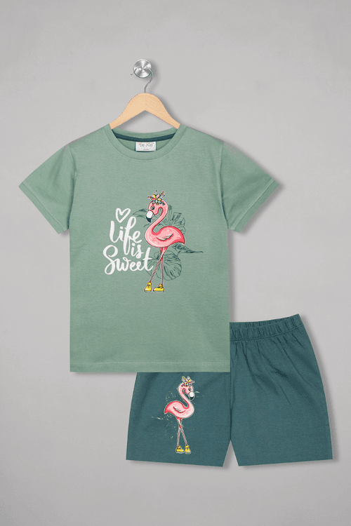 Green Flamingo Fabulousness Shorts Set / Nightsuit / Nightwear / Sleepwear / Loungewear For Girls