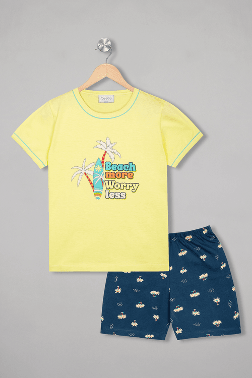 Yellow Neon Chillaxin' Beachy Vibes Shorts Set / Nightsuit / Nightwear / Sleepwear / Loungewear For Kids