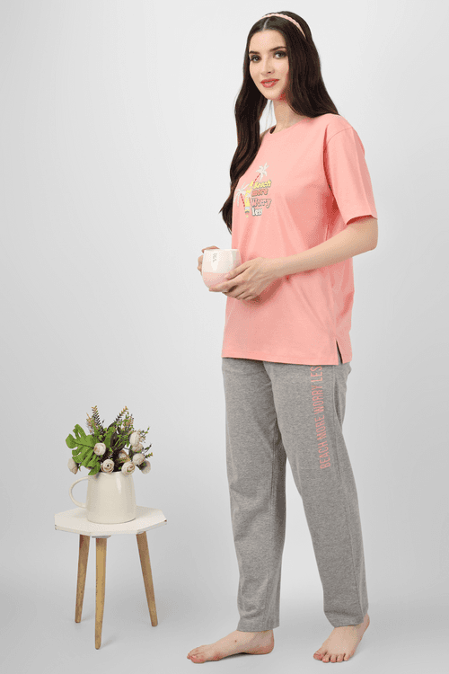 Peach / Grey Sun-Kissed Dreams Pyjama Set / Nightsuit / Nightwear / Loungewear / Sleepwear For Women