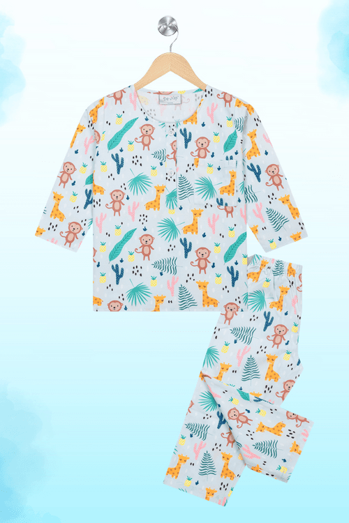 Blue Kurta Pyjama Set With Monkey & Giraffe / Nightsuit / Nightwear / Sleepwear / Loungewear For Kids, Girls & Boys