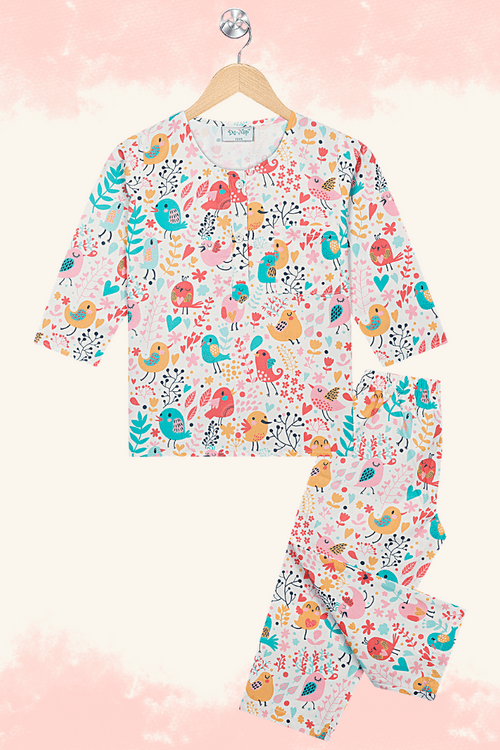 Cream Kurta Pyjama Set With Chirpy Birds / Nightsuit / Nightwear / Sleepwear / Loungewear For Kids, Girls & Boys