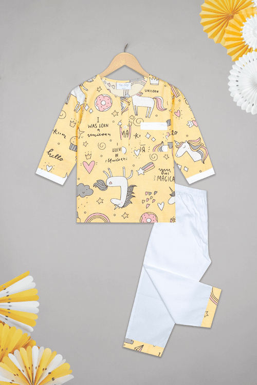 Yellow Unicorn Dreamscape Kurta Pyjama Set  /  Nightsuit / Nightwear / Sleepwear / Loungewear For Kids, Girls