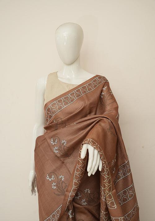 Brown Block Printed Tussar Silk Saree with Plant Motif