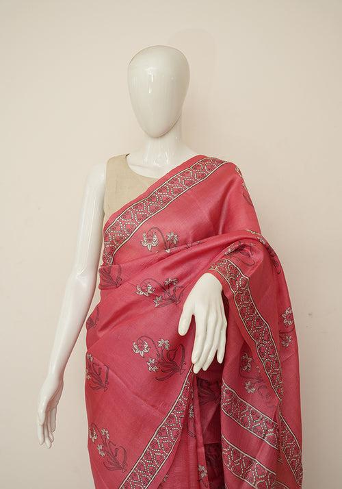 Red Block Printed Tussar Silk Saree with Plant Motif