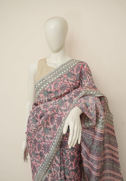 Pink Block Printed Tussar Silk Saree with Floral Motif