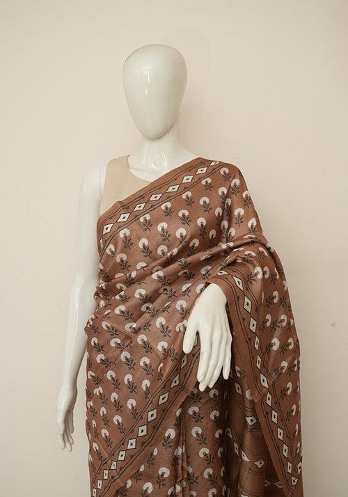 Brown Block Printed Tussar Silk Saree with Flower Motif