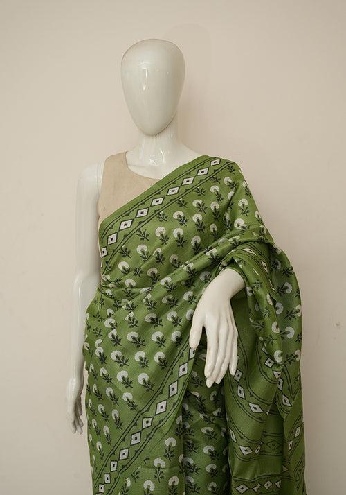 Green Block Printed Tussar Silk Saree with Flower Motif