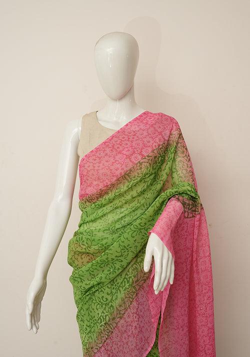 Parrot Green and Pink Georgette Saree with Badla Work