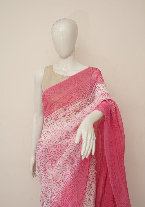 White and Pink Georgette Saree with Badla Work
