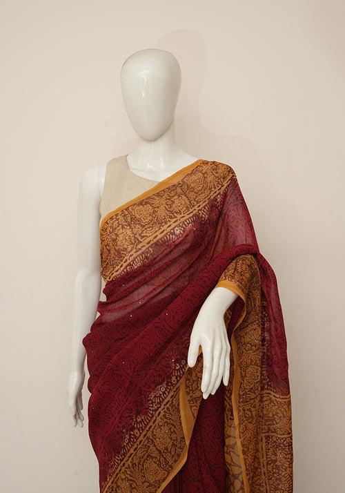 Red and Yellow Georgette Saree with Badla Work