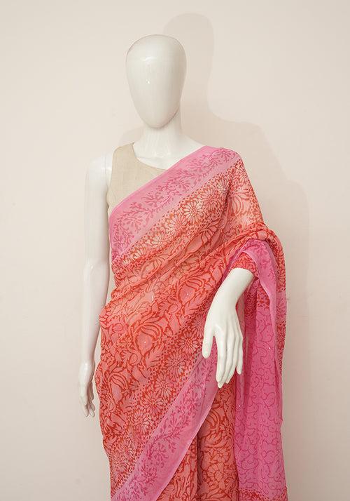 Peach and Pink Georgette Saree with Badla Work
