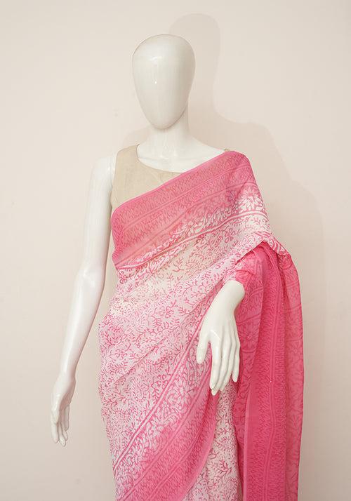 White and Pink Georgette Saree with Badla Work