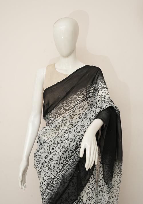 White and Black Georgette Saree with Badla Work